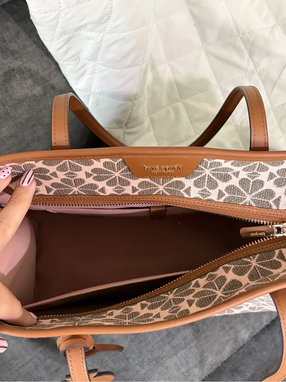 kate spade Pink Floral Canvas Tote with Green and Pink Stripe and Brown Trim - Picture 2 of 2